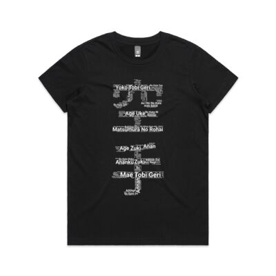 Karate Kanji WordCloud T-Shirt - Dark Mode Edition (Women's Maple Tee) Thumbnail